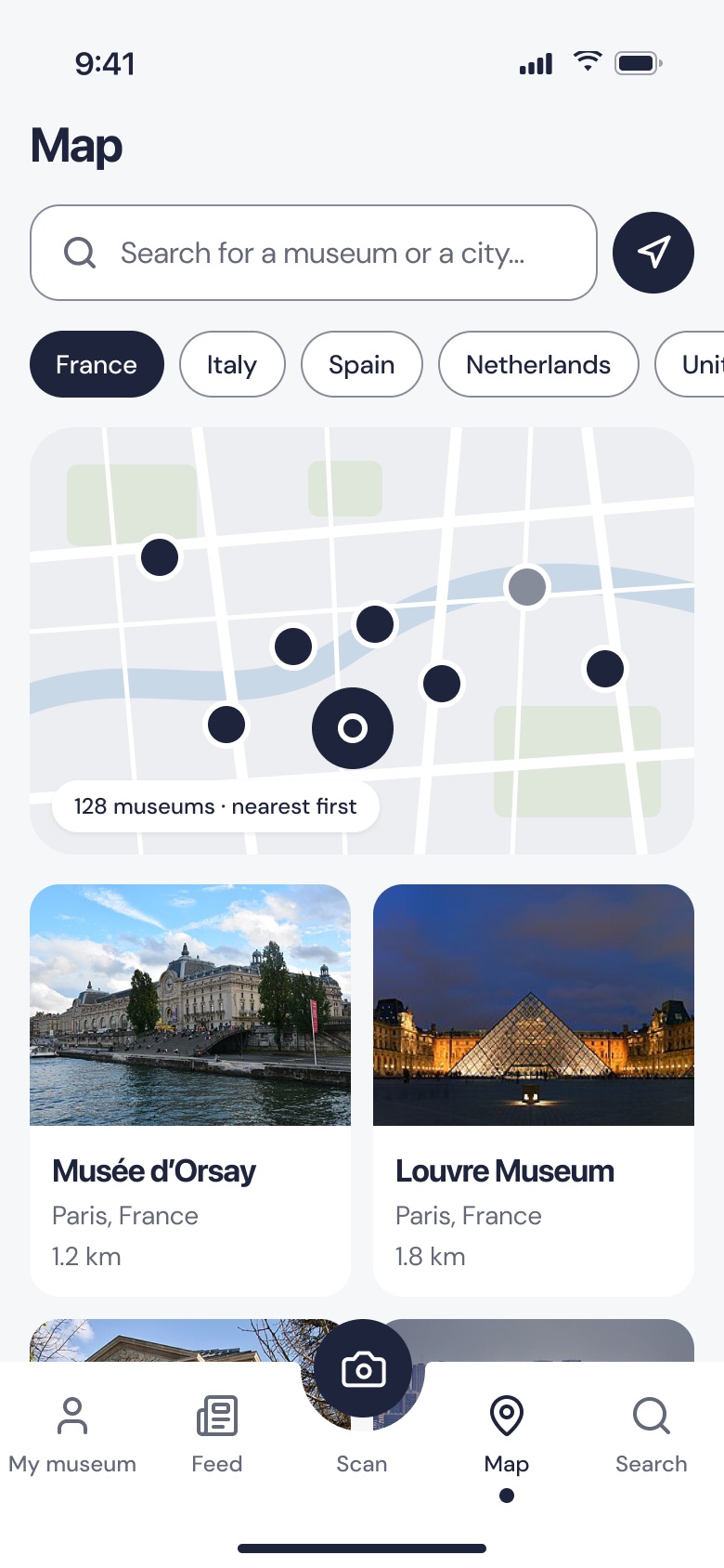 Map of nearby museums, with France, Italy, Spain and Netherlands filters, and the list of the closest museums with their distance.