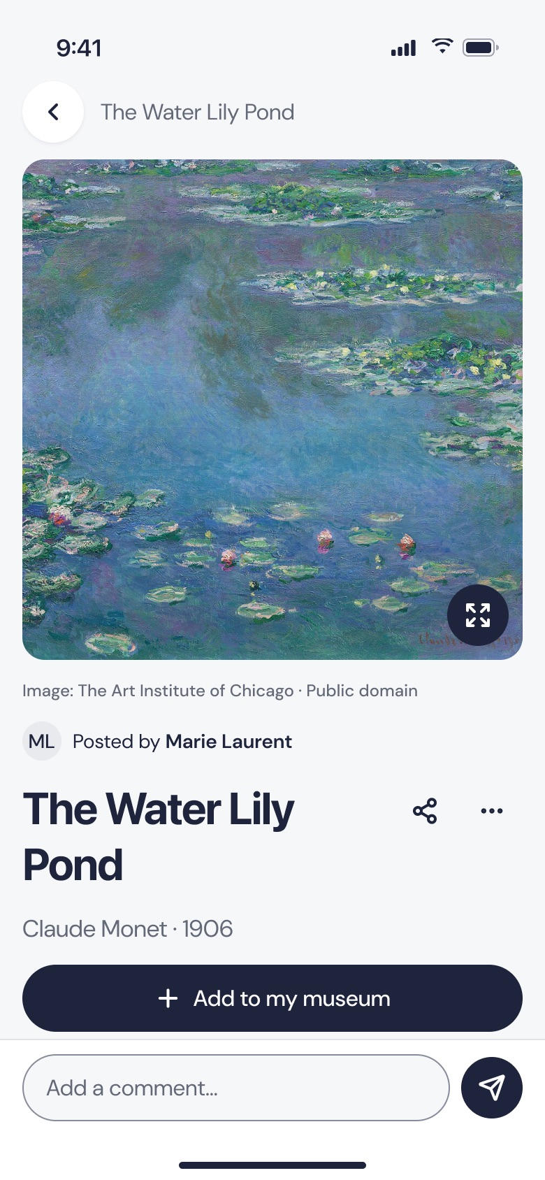 Artwork page for Water Lilies, Claude Monet, 1906, with the “Add to my museum” button.