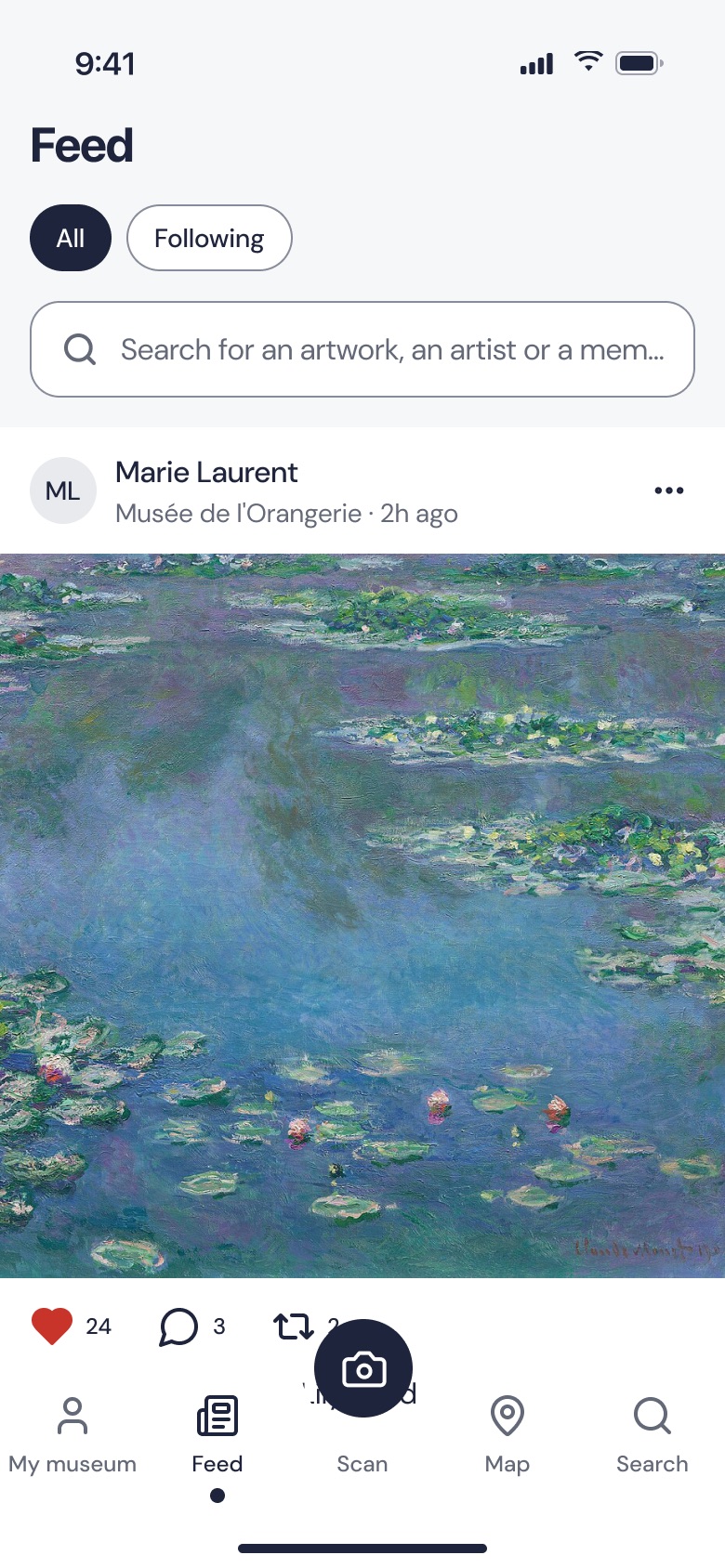 Feed screen: a post by Marie Laurent from the Musée de l’Orangerie, Claude Monet’s Water Lilies, 24 likes and 3 comments.
