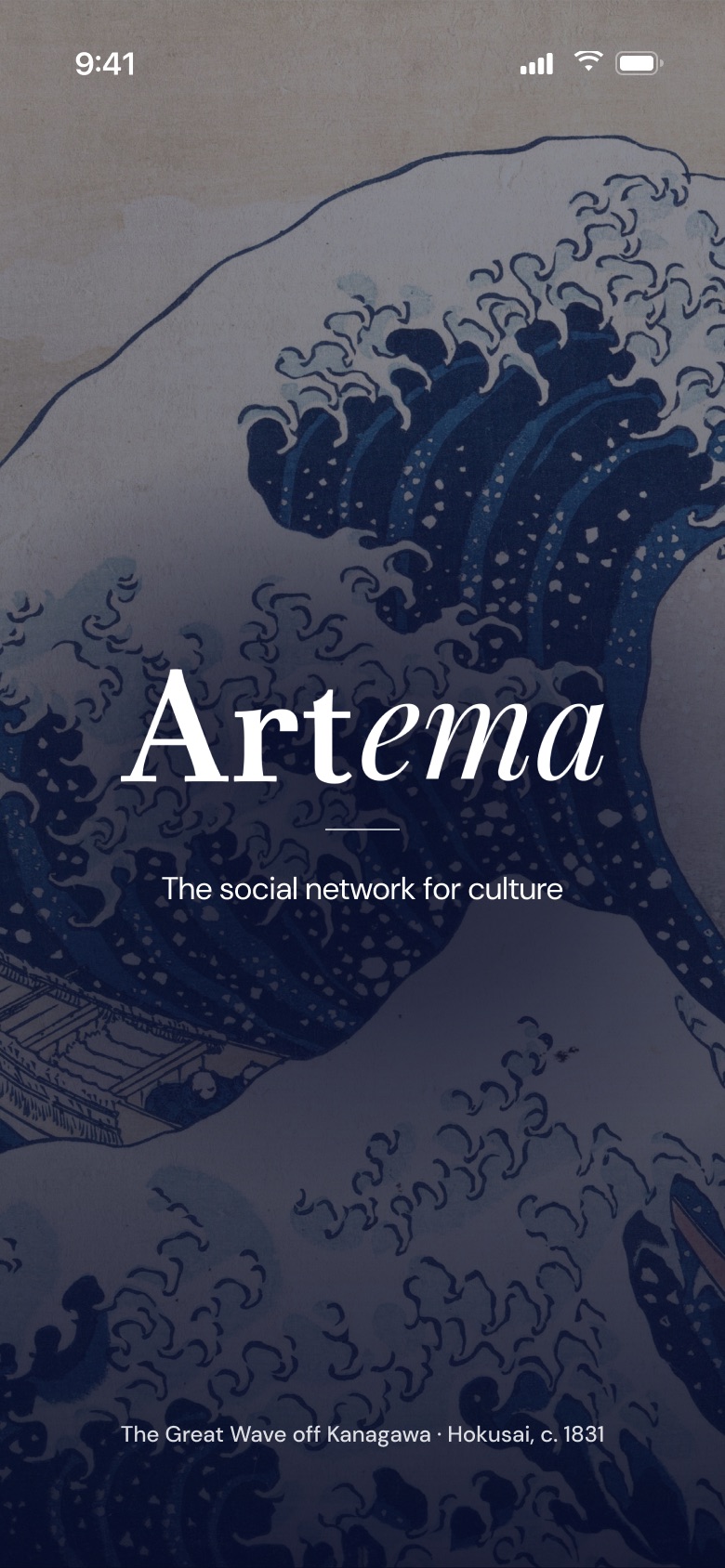 Artema launch screen over Hokusai's The Great Wave off Kanagawa.
