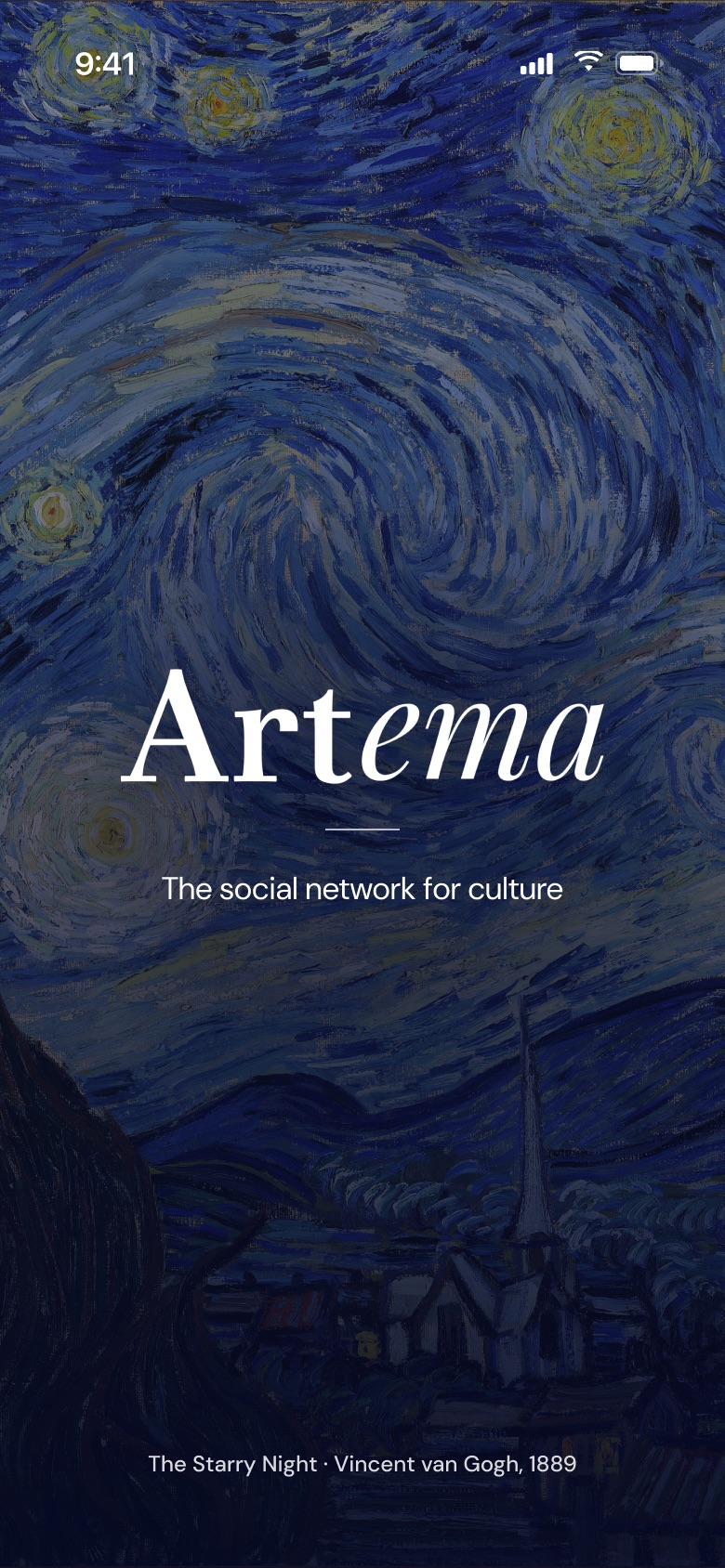 Artema launch screen: the logo and the tagline over Van Gogh's The Starry Night.
