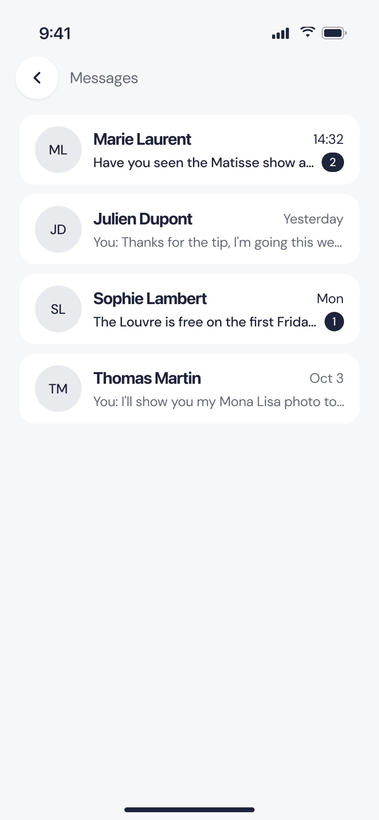 Messages: conversations between members about exhibitions and artworks.