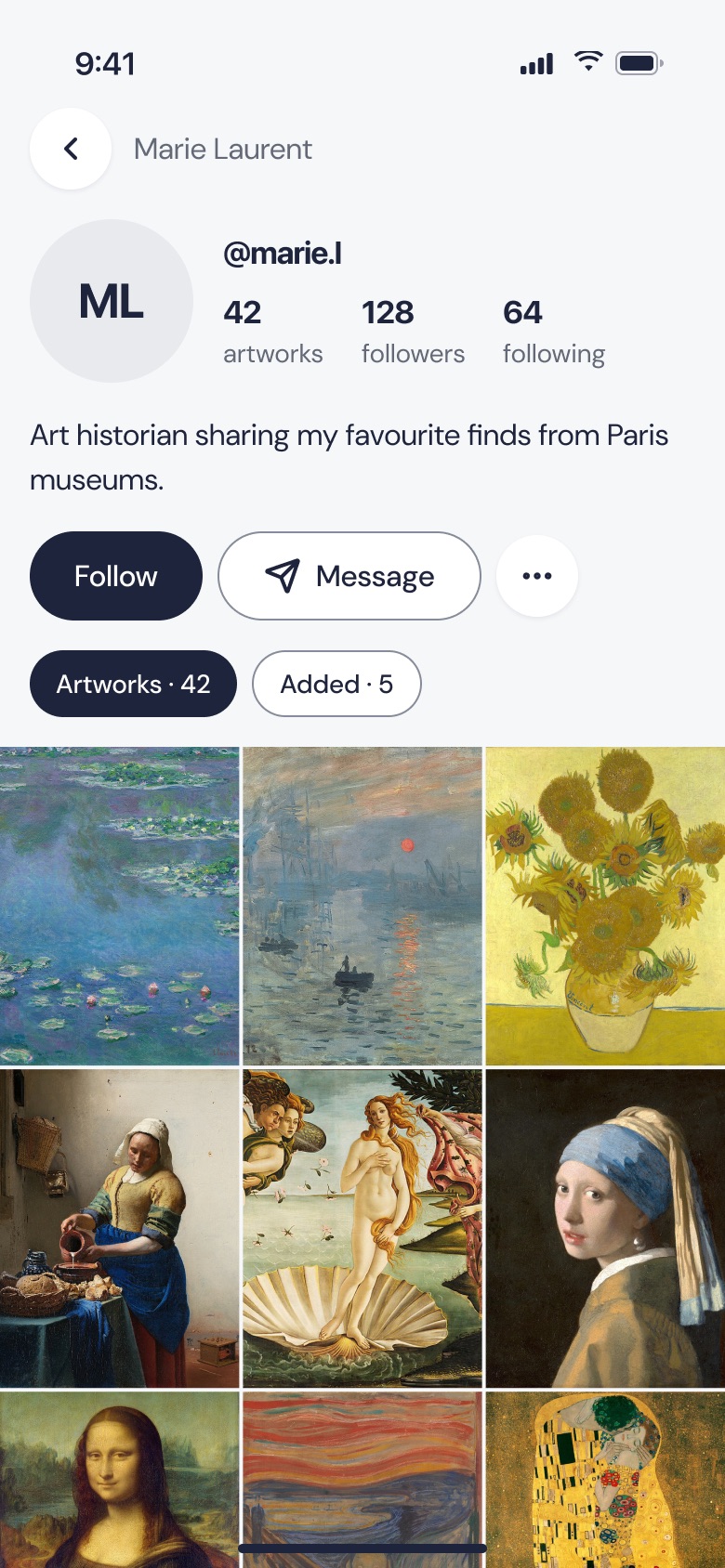 Marie Laurent’s profile: 42 artworks, 128 followers, Follow and Message buttons, and the grid of her artworks.