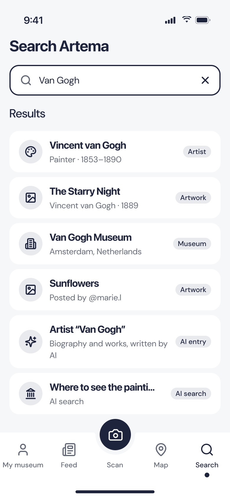 Search results for Van Gogh: the artist, The Starry Night, the Van Gogh Museum, Sunflowers and “Where to see the painting”.