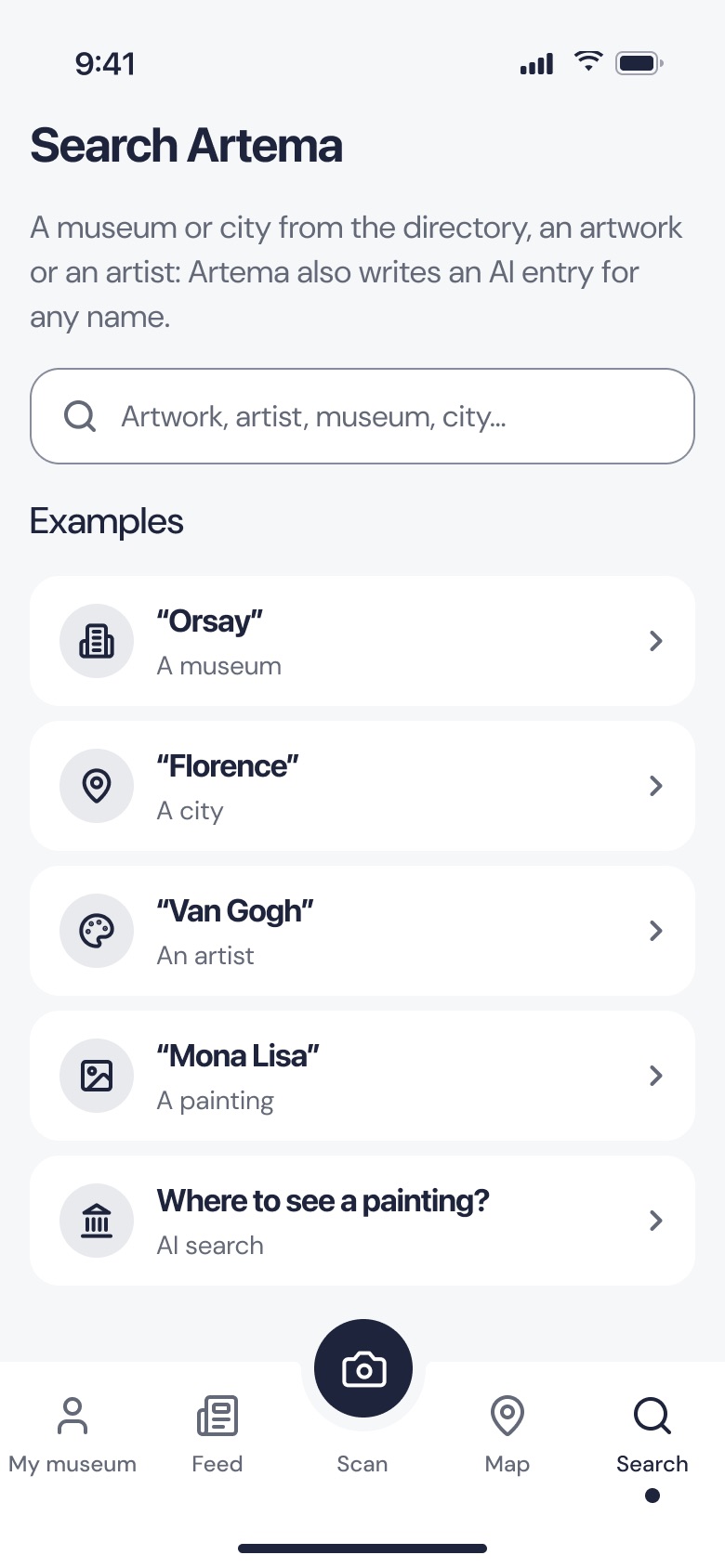 Search screen with examples: Orsay, Florence, Van Gogh, the Mona Lisa and “Where can I see a painting?”.