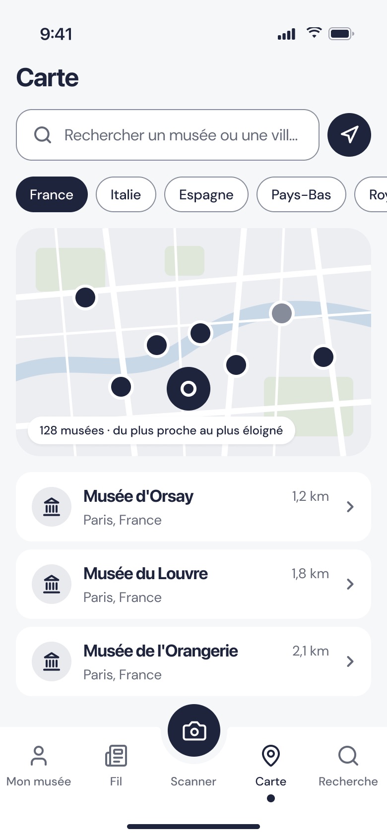 Map of nearby museums, with France, Italy, Spain and Netherlands filters, and the list of the closest museums with their distance.