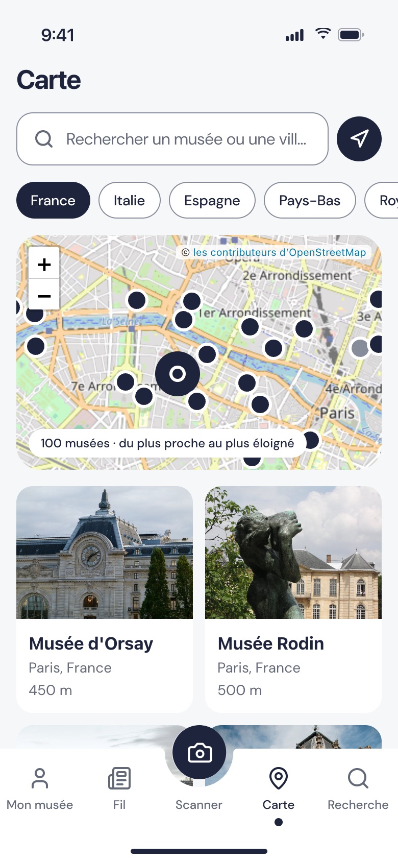 Carte des musées autour de soi, avec la grille des musées les plus proches, leur photo et leur distance.
