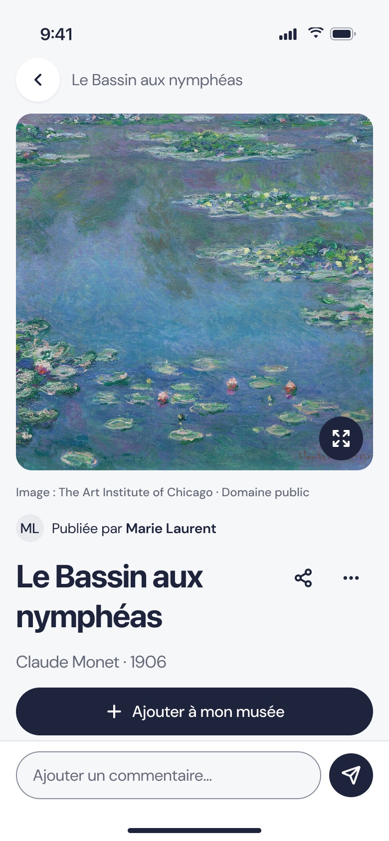 Fiche de l’œuvre Le Bassin aux nymphéas, Claude Monet, 1906, avec sa reproduction en haute définition et le bouton « Ajouter à mon musée ».