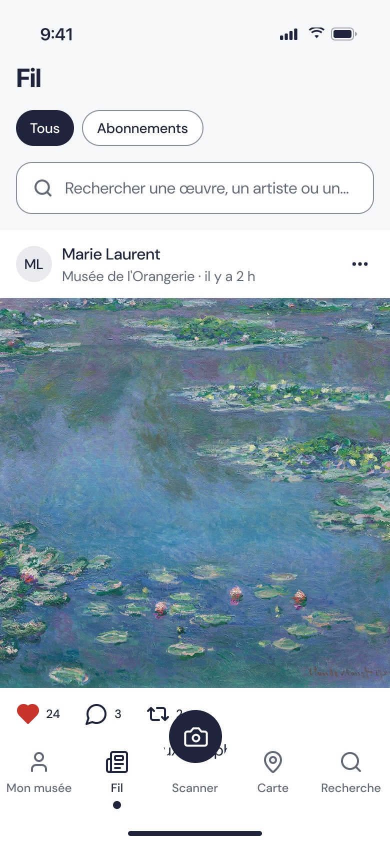 Écran du fil : publication de Marie Laurent au musée de l’Orangerie, Les Nymphéas de Claude Monet, 24 j’aime et 3 commentaires.
