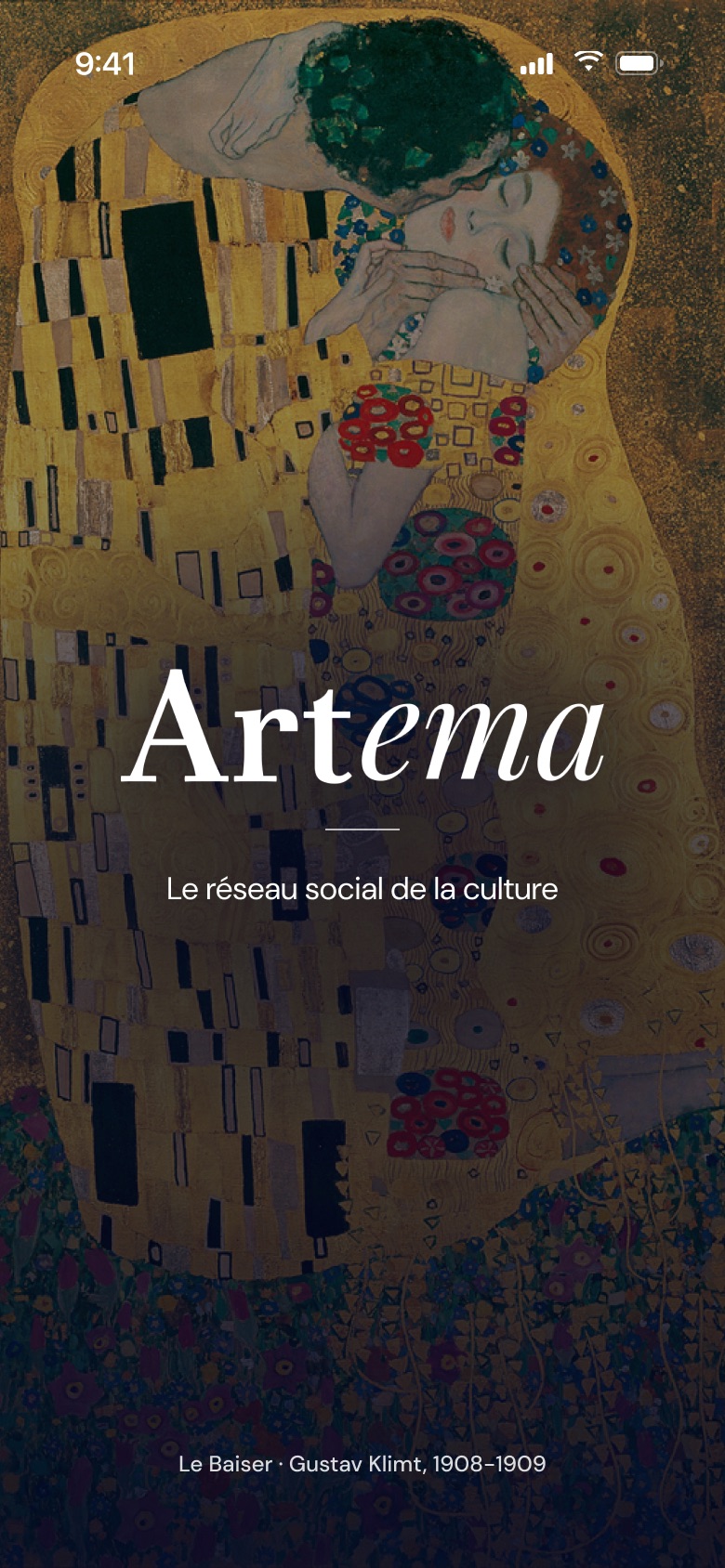 Écran de lancement d'Artema sur Le Baiser de Gustav Klimt.