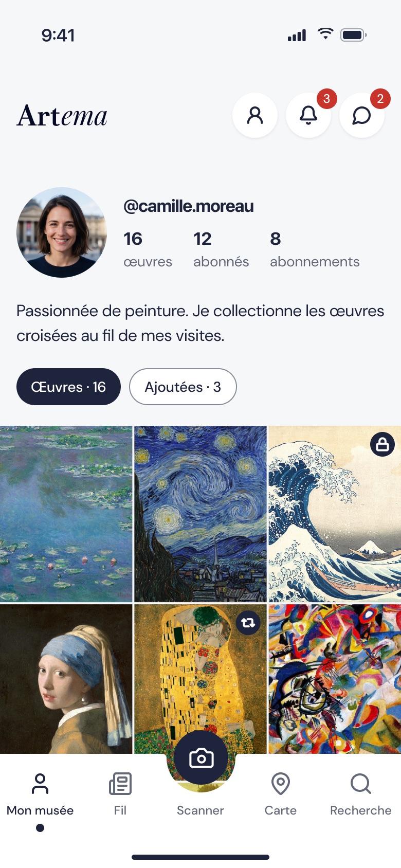 Écran Mon musée : profil d’un membre et grille de ses œuvres scannées, dont Les Nymphéas, La Nuit étoilée et La Grande Vague.