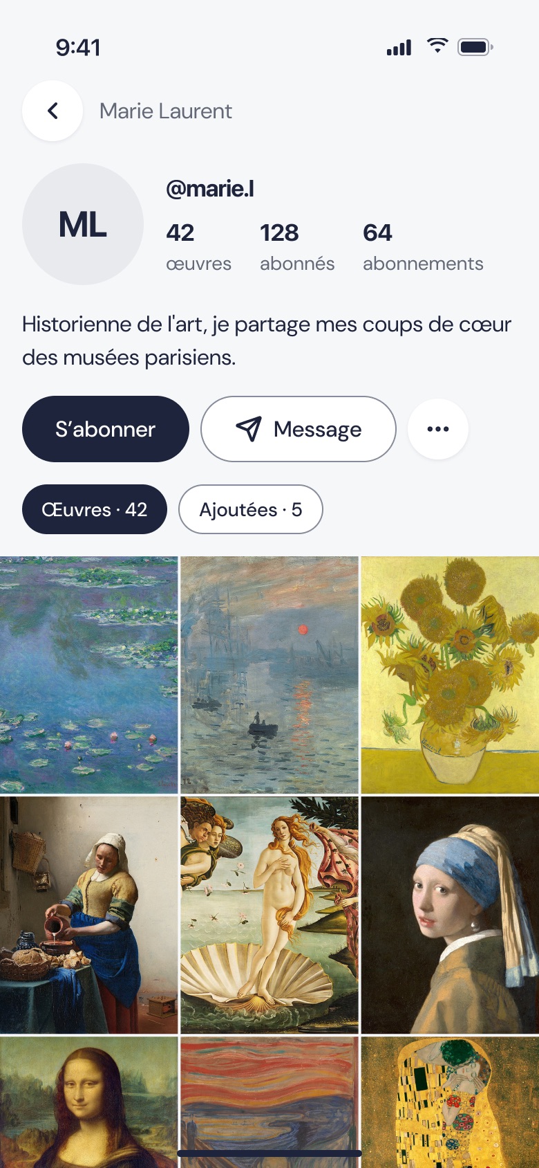 Marie Laurent’s profile: 42 artworks, 128 followers, Follow and Message buttons, and the grid of her artworks.