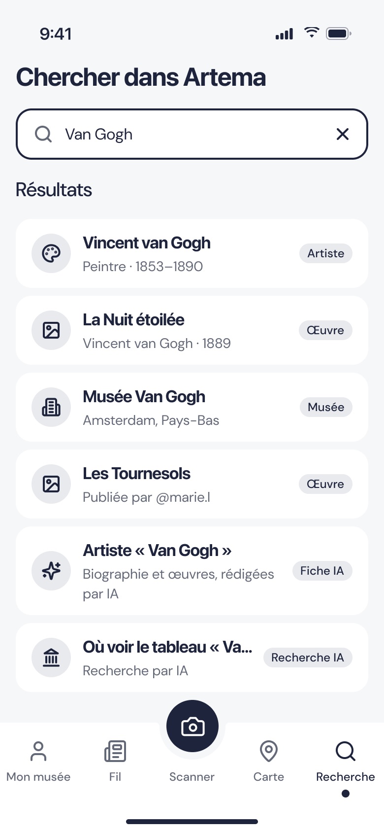 Search results for Van Gogh: the artist, The Starry Night, the Van Gogh Museum, Sunflowers and “Where to see the painting”.