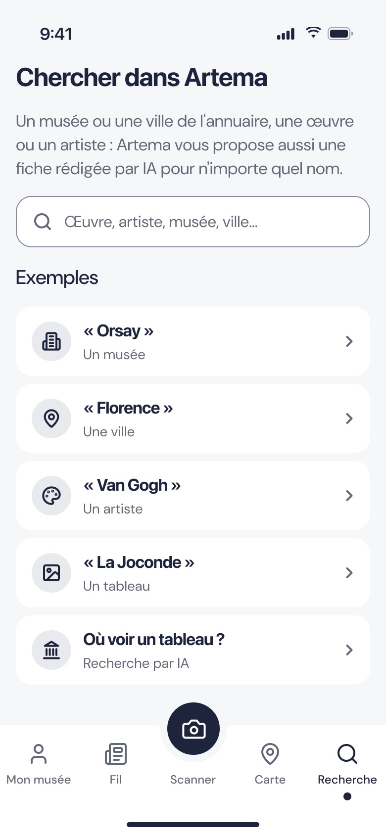 Search screen with examples: Orsay, Florence, Van Gogh, the Mona Lisa and “Where can I see a painting?”.