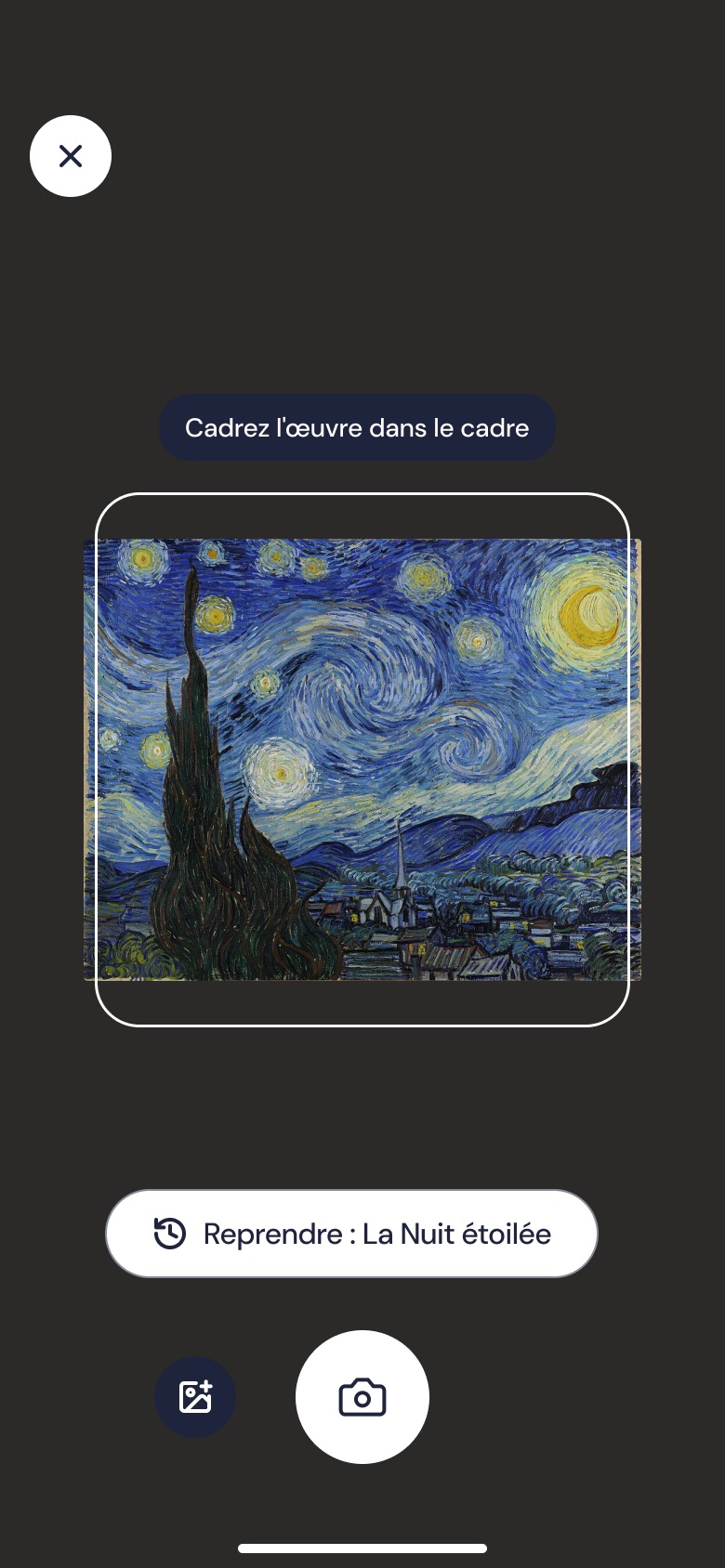 Écran de scan : La Nuit étoilée cadrée dans le viseur, avec la consigne « Cadrez l’œuvre dans le cadre ».